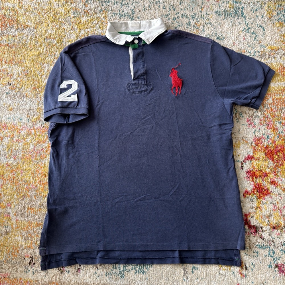 Vintage Polo Ralph Lauren Big Pony #2 Navy Red White Polo Shirt Size XL Men's